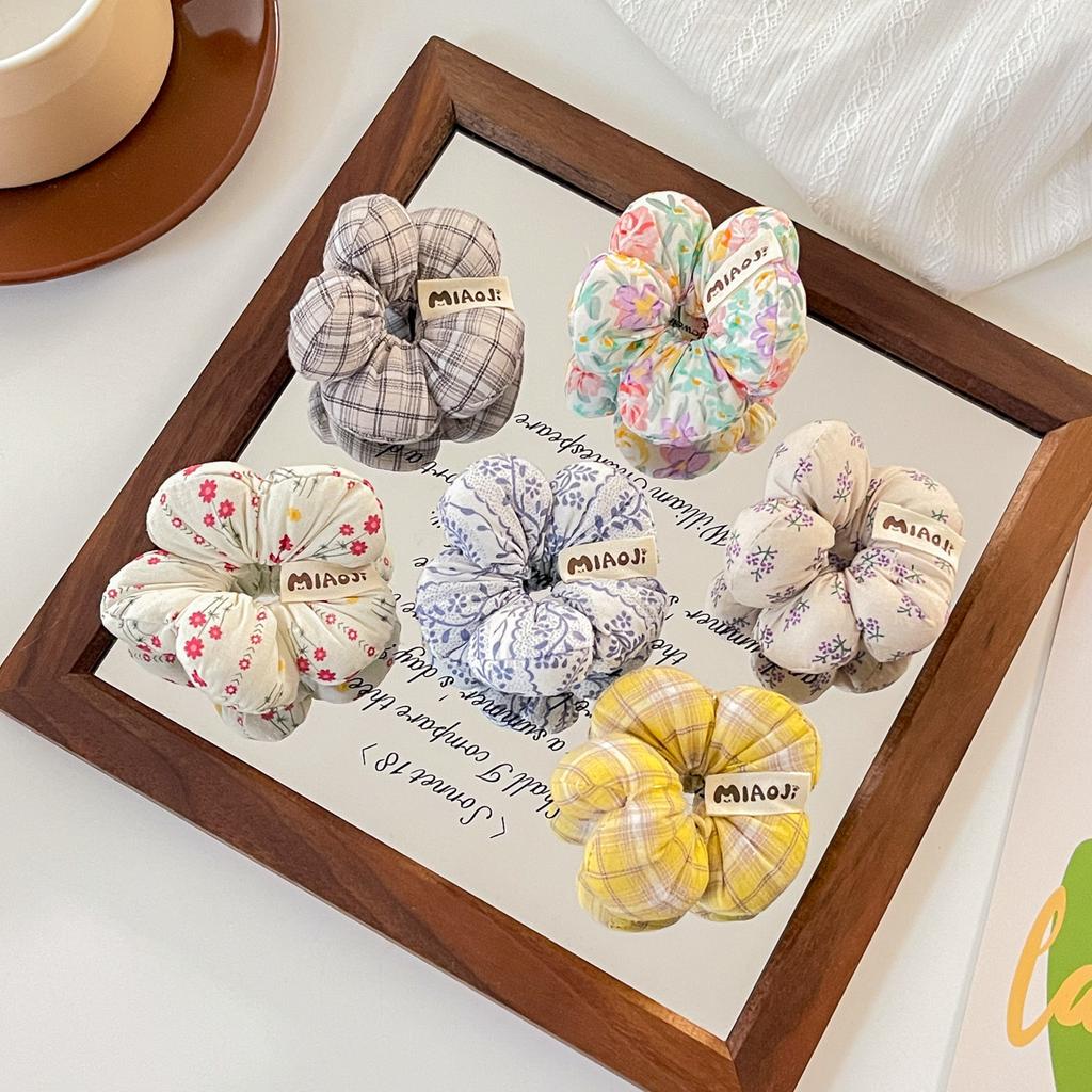 New Product Children's Cotton Floral Flower Ponytail Headband Baby Fabric Five-petal Flower Hair Band Plaid Large Intestine Ring