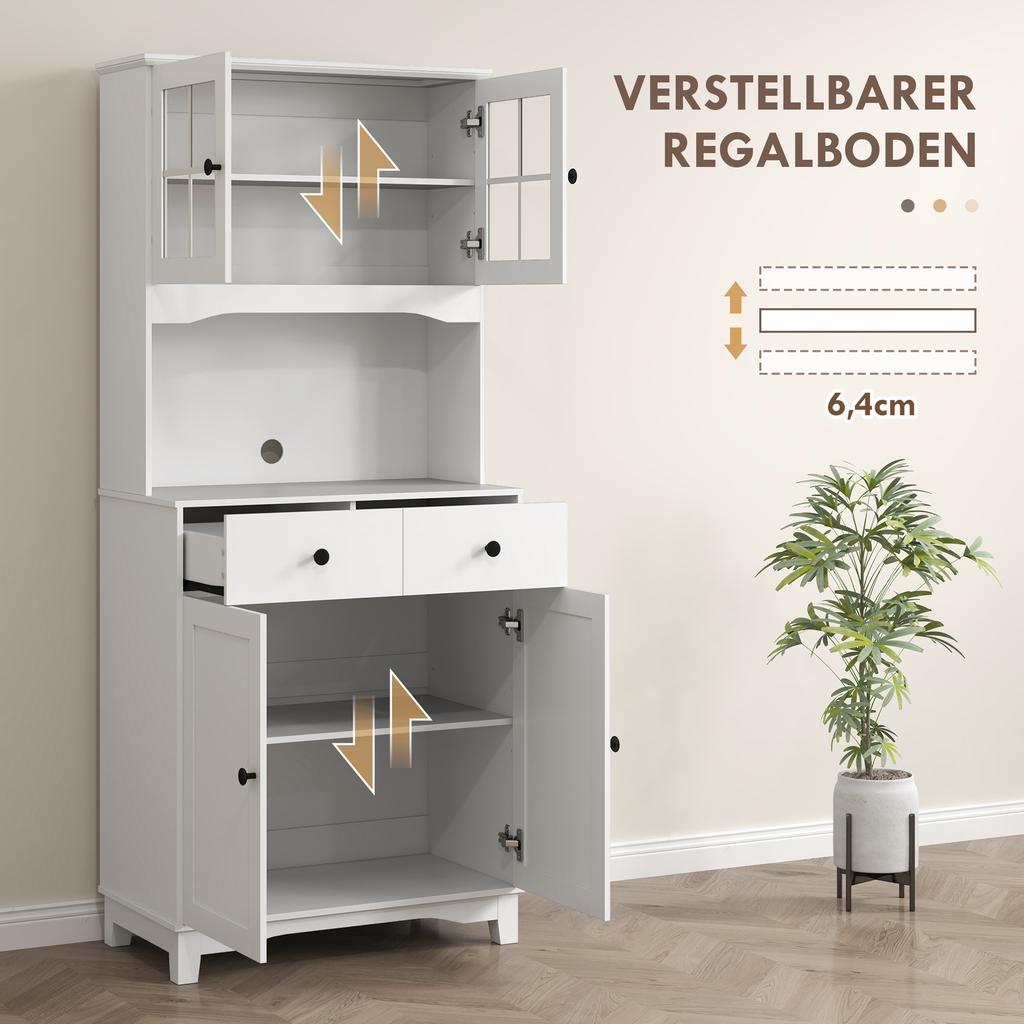 Freestanding Kitchen Storage Cabinet with Worktop, Glass Doors, White