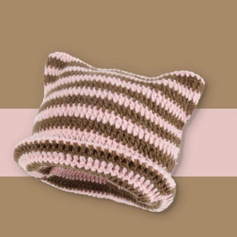 Autumn Winter Woolen Hat Japanese Devil Handmade Stripe Hat Female Cat Ear Warm Knit Pullover Hat Winter