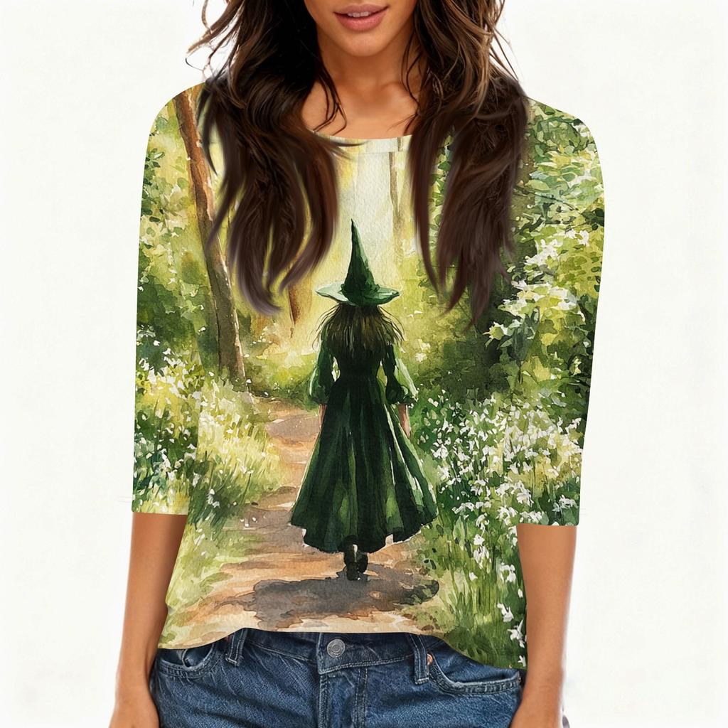 Women's Casual Halloween Print Neck 3/4 Sleeve T-Shirt Top