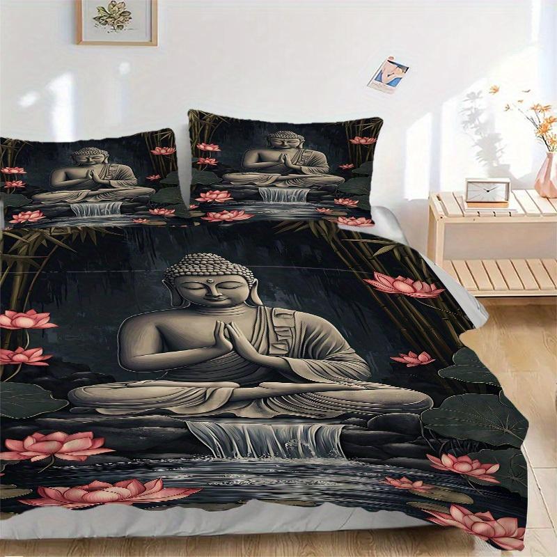 3pcs Buddha Lotus Soft Comfortable Bedding set, For Bedroom, Guest Room And Dorm, All Season Use, High-Definition Printing, Machine Washable 128