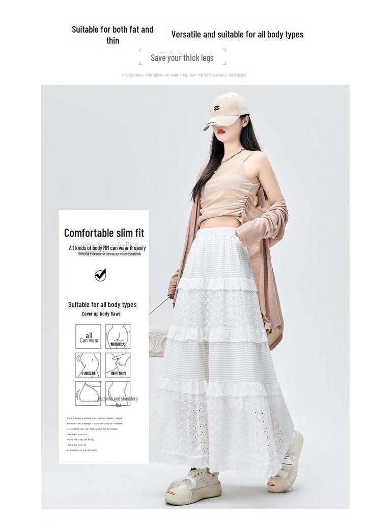 2024 Frühling Damen High-Waist Weiß A-Linien Kuchenrock mit floralem Spitzendesign