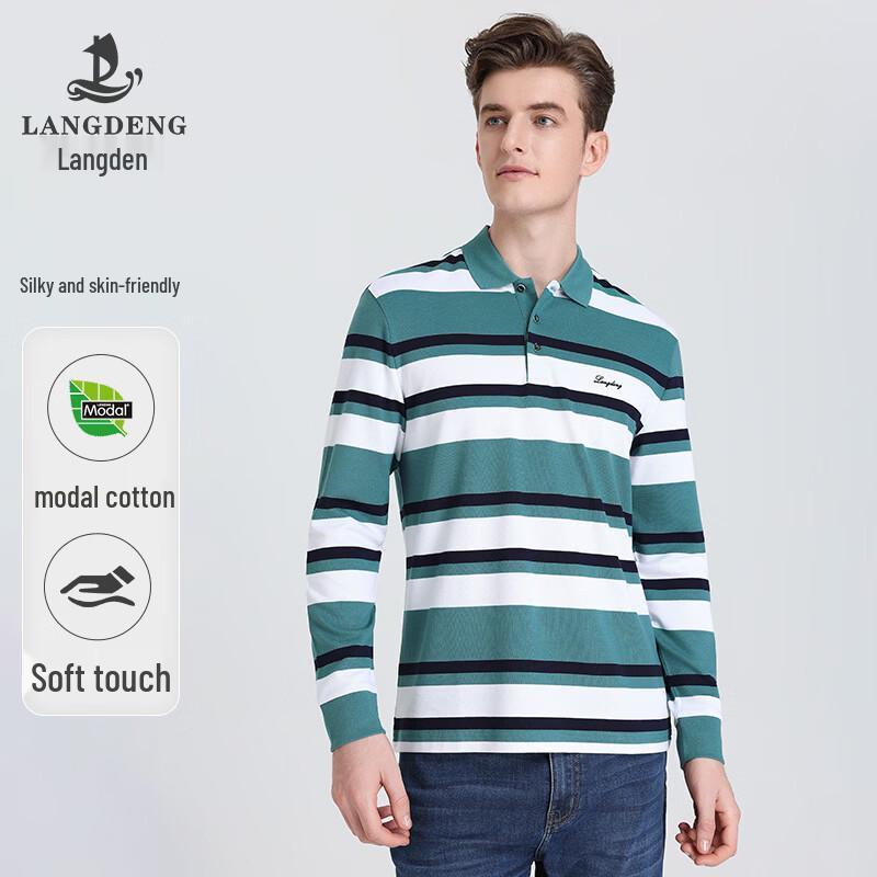 Langdeng Men s Modal Blend Striped Long Sleeve Polo T-shirt 2XL