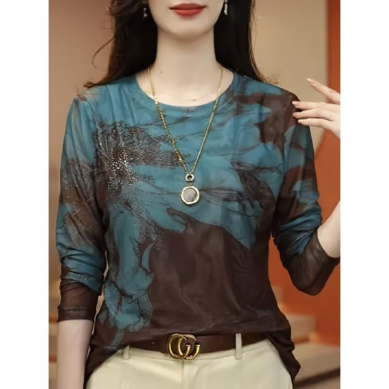 Elegant Floral Print Crew Neck T-Shirt for Women - Casual Long Sleeve, High Stretch, Breathable Polyester Blend, Perfect for Spring & Fall