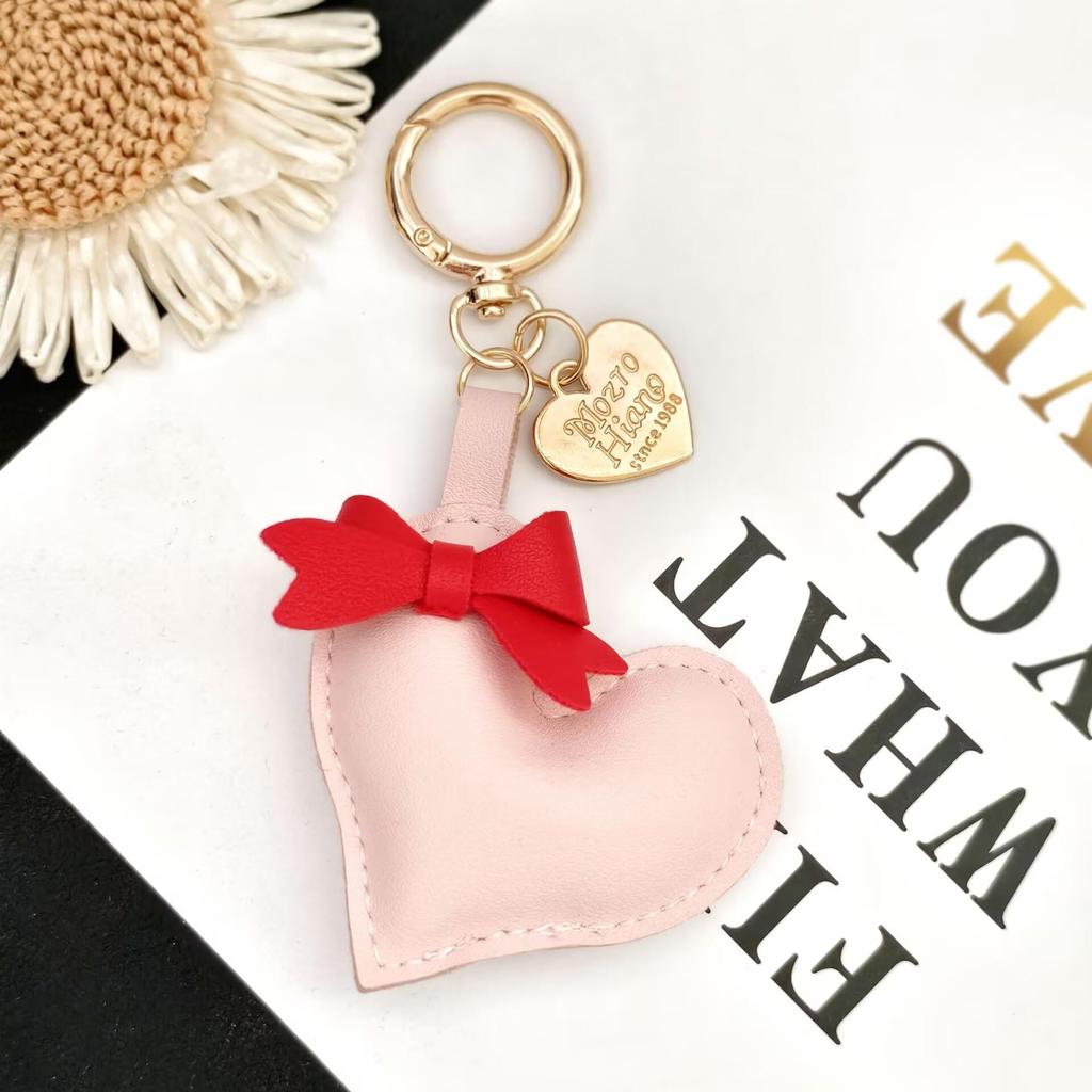 Handmade Bow & Leather Heart Pendant Keychain Lanyard