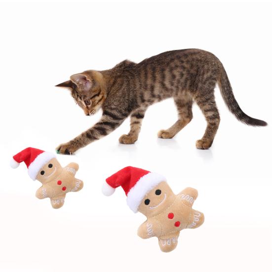 Kitten Toy Soft Comfortable Cartoon Increase Appetite Clear Stomach Teeth Cleaning Long Lasting Christmas Hat Gingerbread Man Cat Plush Toy for Home