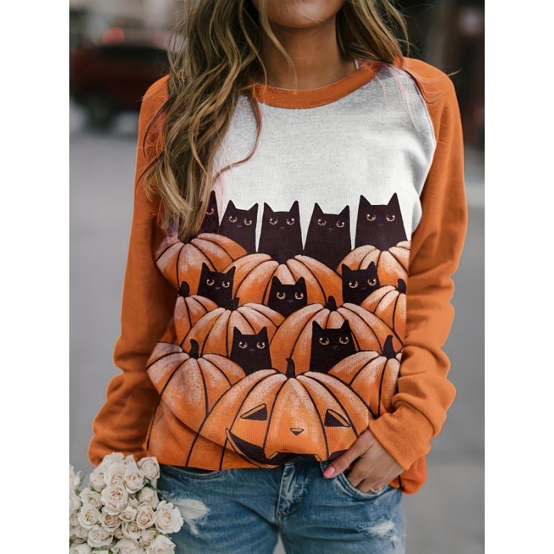 Women s Casual Fashion Round Neck Western Ethnic Style Retro Pumpkin Print Sweatshirt S