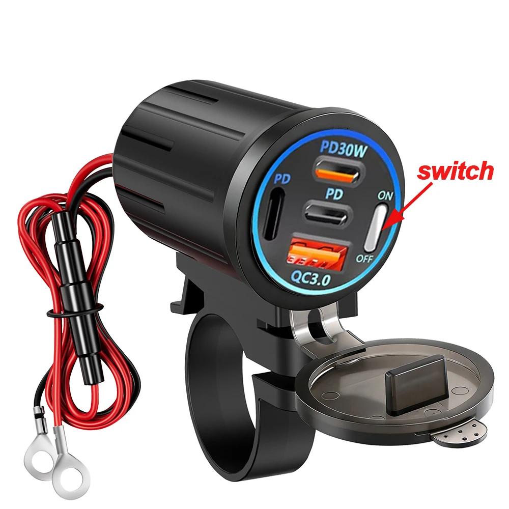 Motorfiets USB Snellader Stuur USB-stopcontact Adapter met Schakelaar Voltmeter Waterdicht 12V/24V Voedingsadapter 88W with Switch yale blauwe kleur