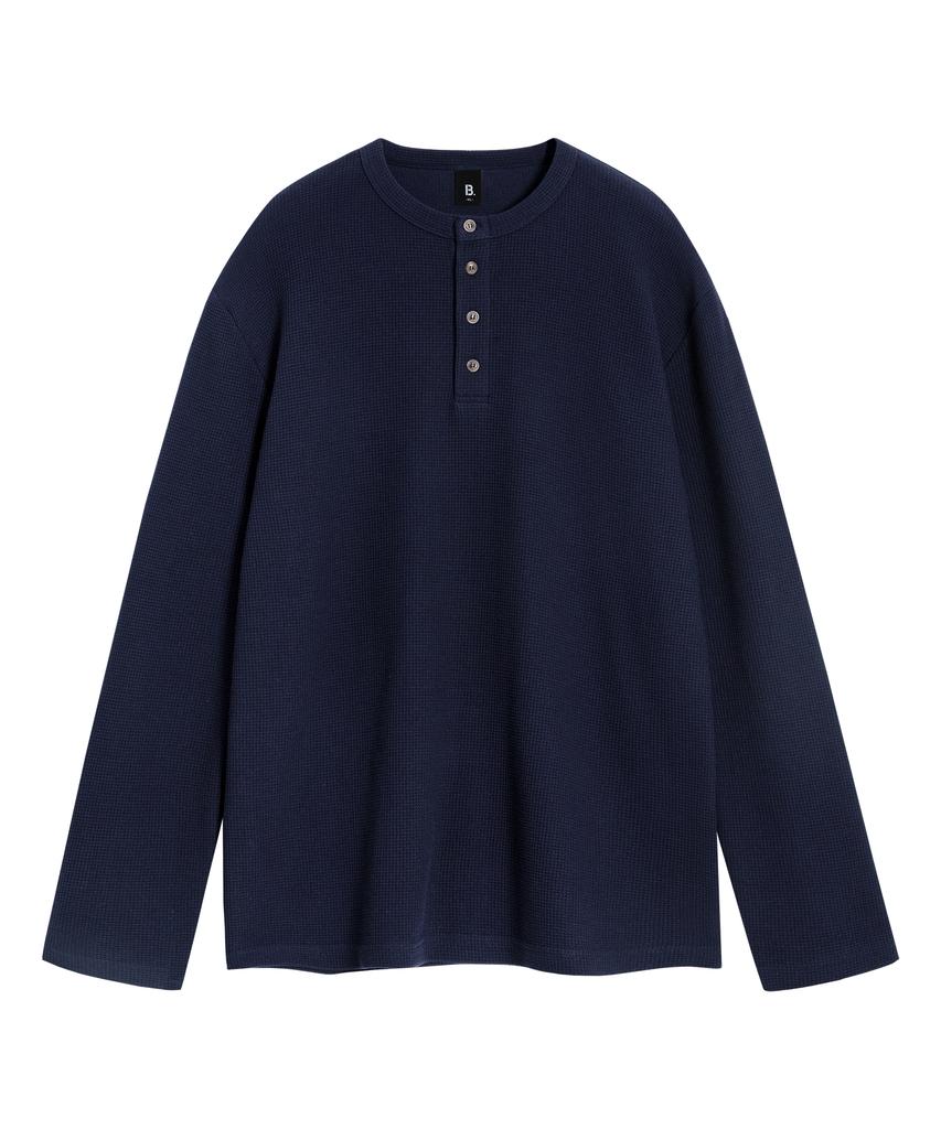 BRENSON (Waffle) Loose Fit Waffle Henley Neck Long Sleeve Tee (4 Colors)