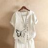 Summer Oversized Cotton and Linen Short-sleeved T-shirt, Cotton and Linen Butterfly Flower Printed Oversized Women's Clothing