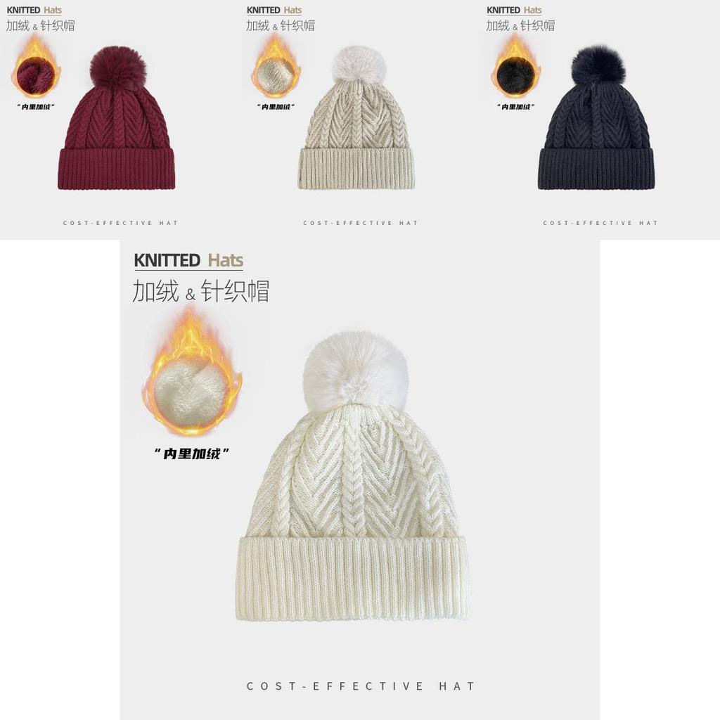 Knitted Winter Hat For Women With Solid Color Design And Plush Ball Decoration
