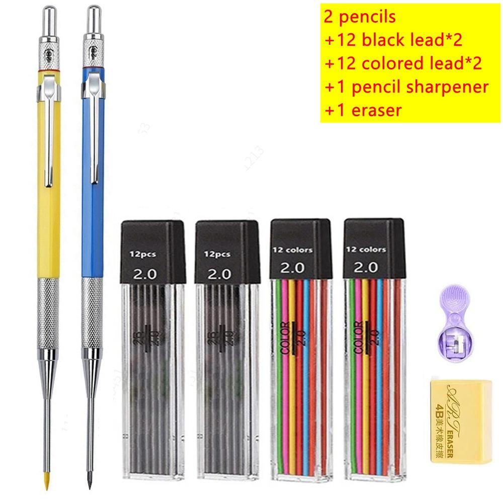30mm Deep Hole Long Nib Mechanical Pencil Set Solid Carpenter Woodworking Tools 2.0mm 12 Colors Refill Construction Tools