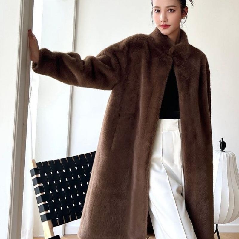 Fashion winter new stand-up collar thickened long imitation mink velvet coat fur coat women