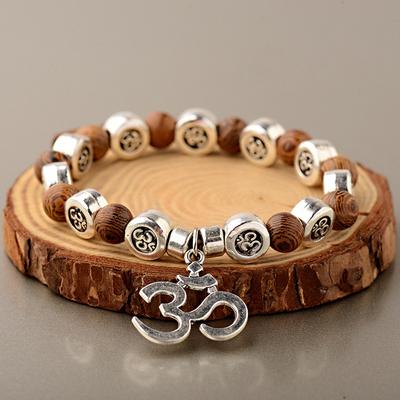 Bracelet Perles Bois Naturel Femmes Hommes Yoga Méditation Prière Pendentif Om Bijoux en Bois Classique Argent