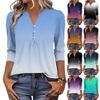 Dámské módní ležérní tričko s bloky barev, gradientním potiskem, výstřihem do V, knoflíky a tříčtvrtečními rukávy