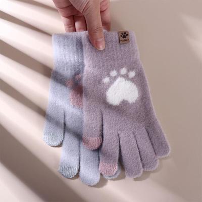 Plus Velvet Love Cat Paw Knitted Female Gloves  Gloves Driving Gloves Wool Mittens
