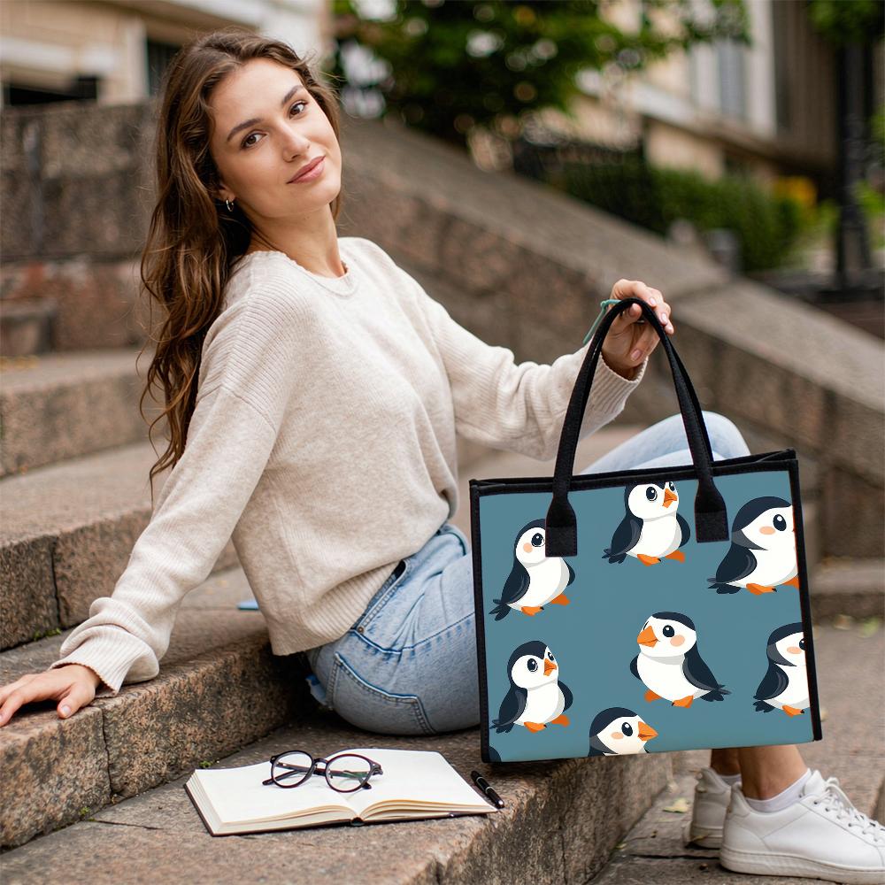 Cute Cartoon Puffin Pattern Tote Bag Portable Casual Travel Daily Shopping Handbag