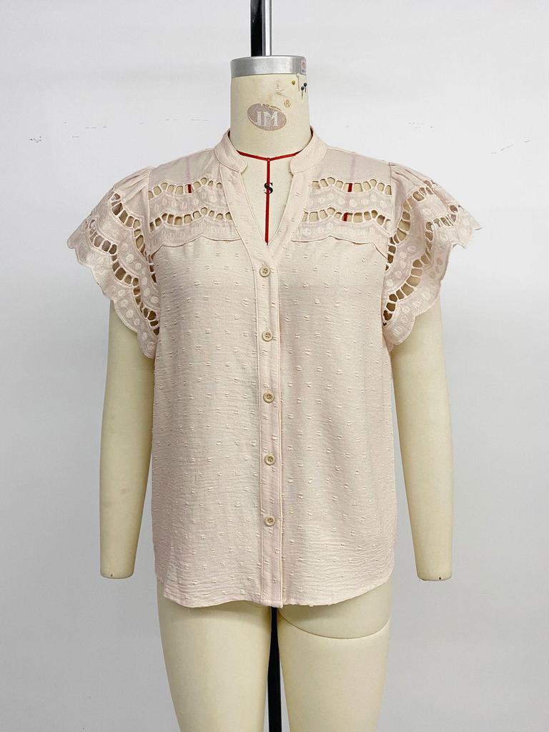 European Retro Sweet Hollow Lace Ruffle Sleeve Stand Collar Solid Color Women's Summer Shirt