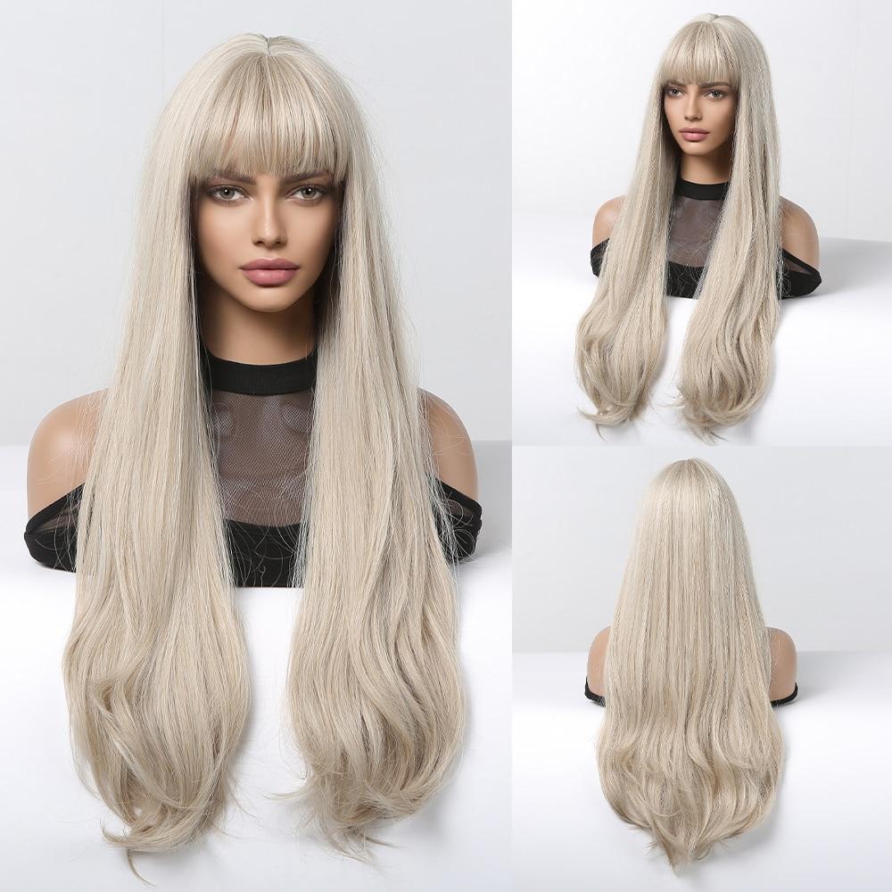 HAIRCUBE Long Straight Brown Synthetic Wigs for Women Natural Hair Dark Roots Wigs With Bangs Daily Party Heat Resistant Wigs