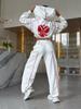 Niche Design Patchwork Hoodie Two-piece Set, New Fashionable Long Pants National Emblem Embroidery Set for Women