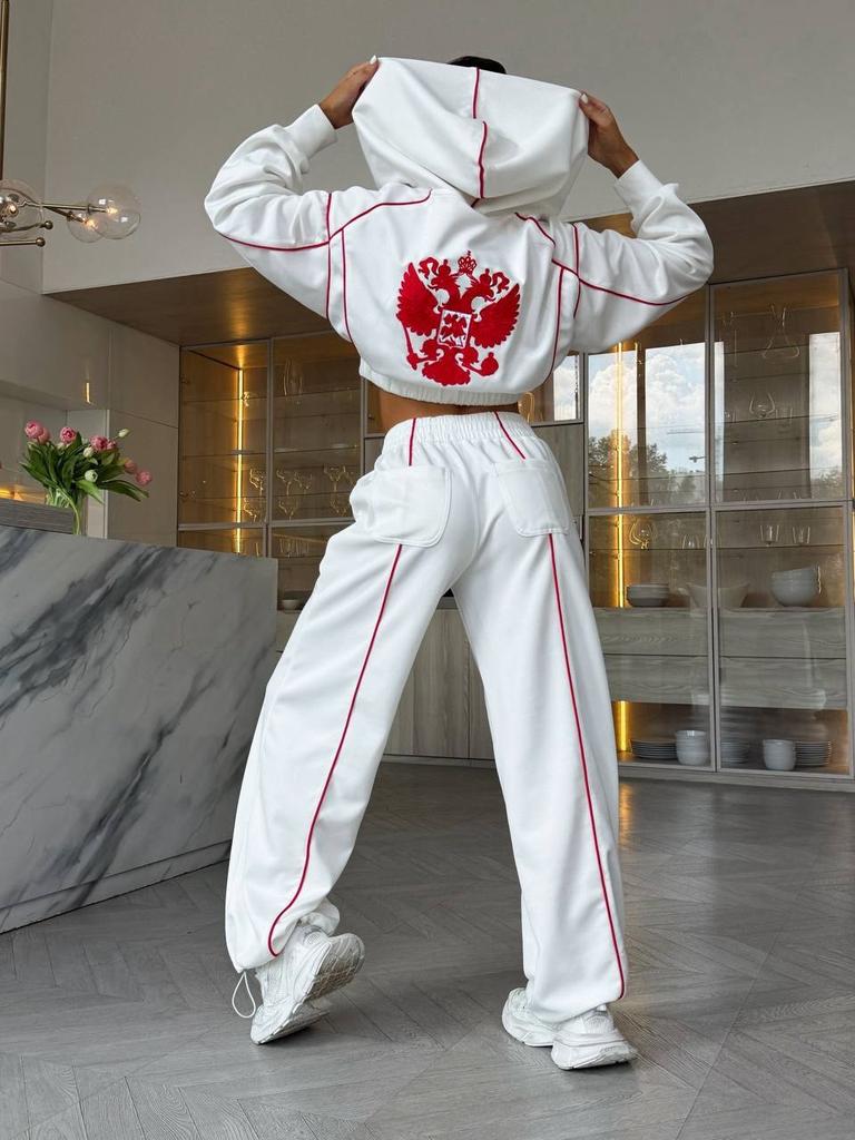 Niche Design Patchwork Hoodie Two-piece Set, New Fashionable Long Pants National Emblem Embroidery Set for Women