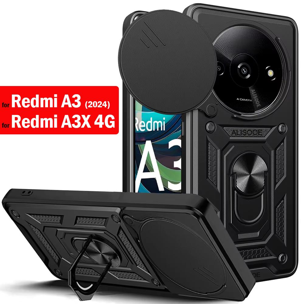 Hülle für Redmi A3 A3X 4G Hülle Schiebe-Kameraobjektiv Panzerringständer Schutzhülle für Xiaomi Redmi A3 Stoßfeste Capa