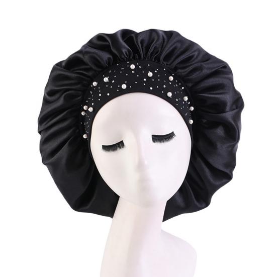 Women Bonnet Cap Solid Color Faux Pearls Rhinestone Elastic Band Bouffant Hat for Hair Salon