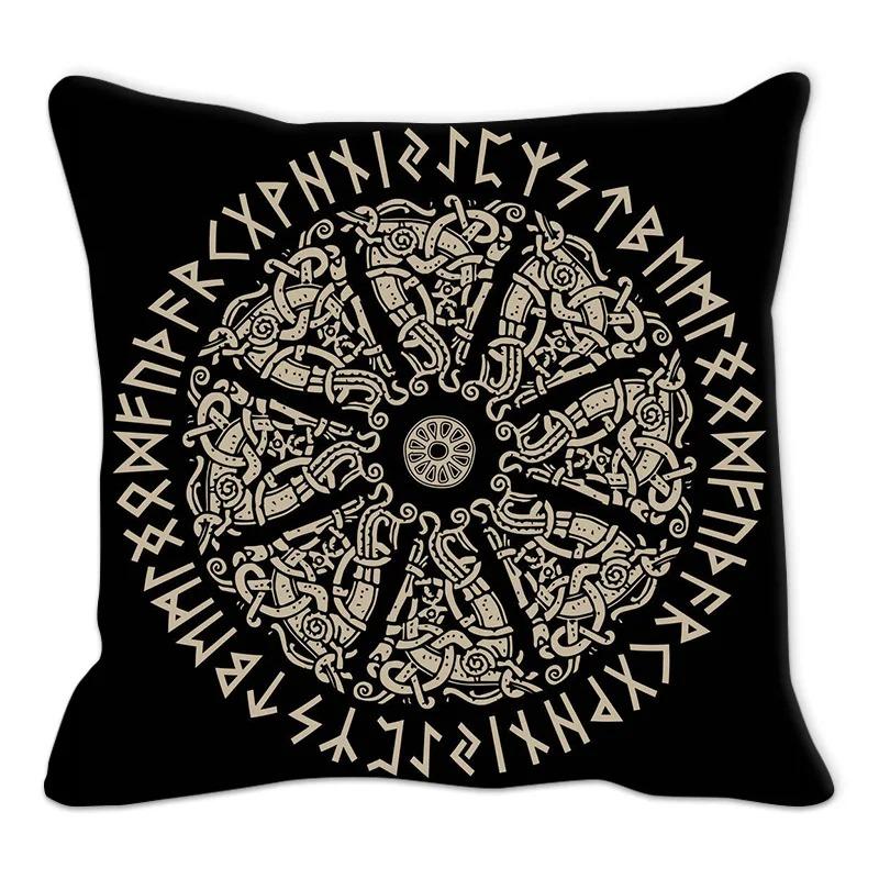 Viking Runes Compass Cushion Cover Peach Skin Norse Mythology Throw Pillowcase Black Celtic Knot Sofa Living Room Home Decor