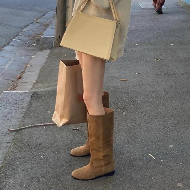 Fårskinnsversion~ Koreansk version av stor skaftvidd mocka höga stövlar dam platt sula ser smal ut men knähöga stövlar riddarstövlar