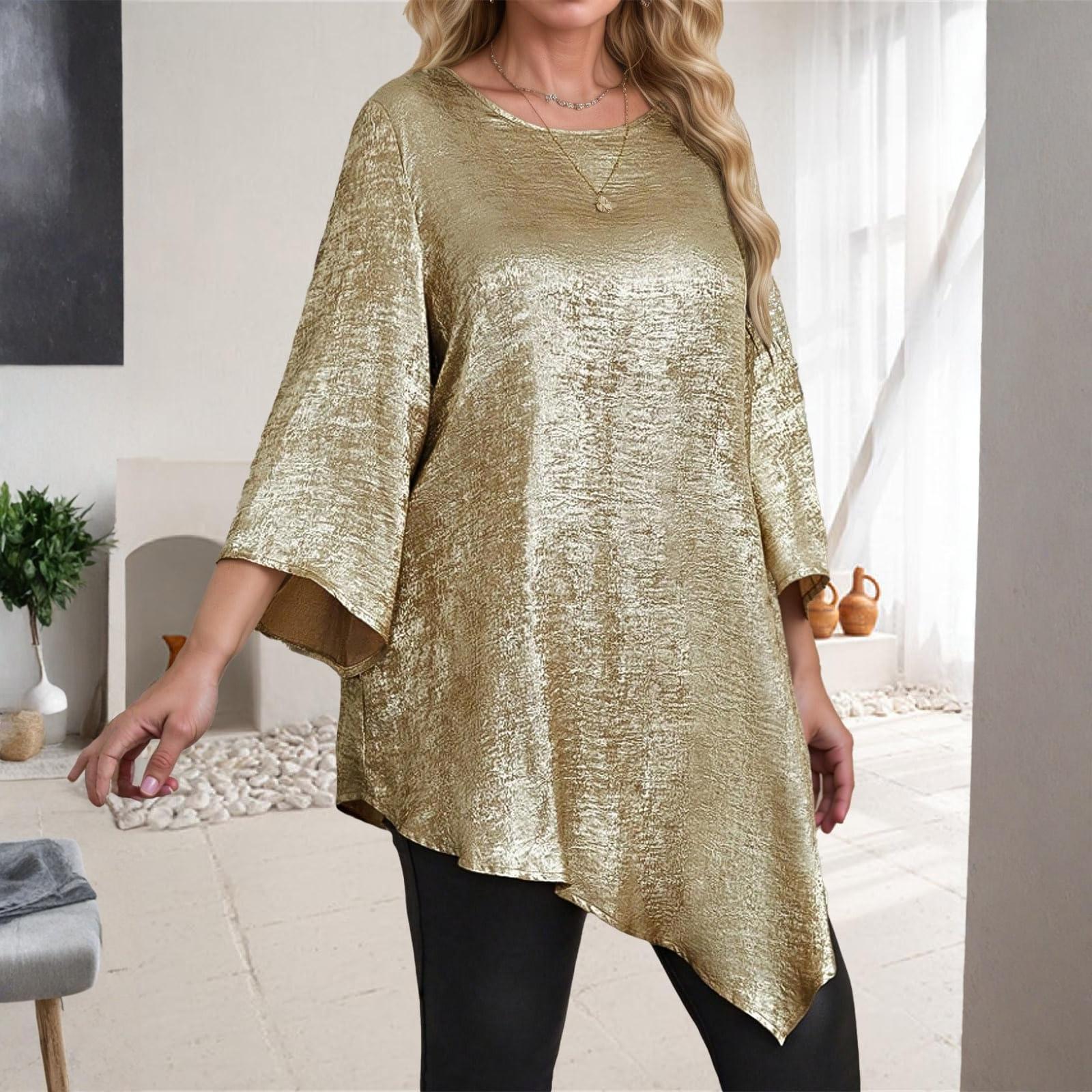 

Женский модный повседневный топ оверсайз с круглым вырезом и рукавами 3/4 свободного кроя однотонной расцветки XXL золотой