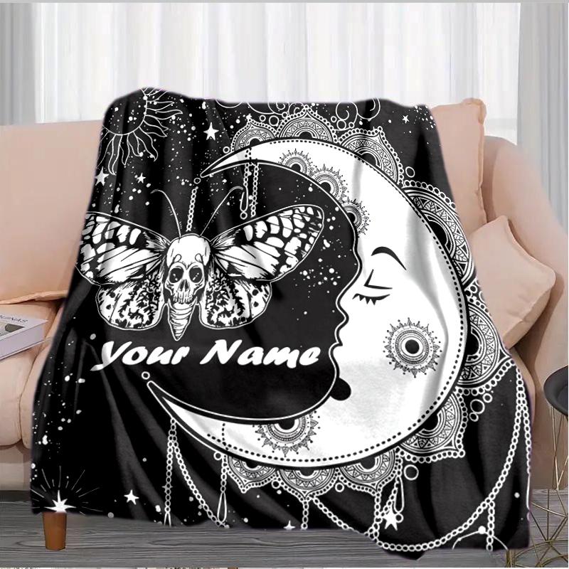 1PC Custom Name Moonlit Butterfly Dreams flannel blanket versatile, all-season throw suitable for the living room, bedroom, camping, travel, and gift