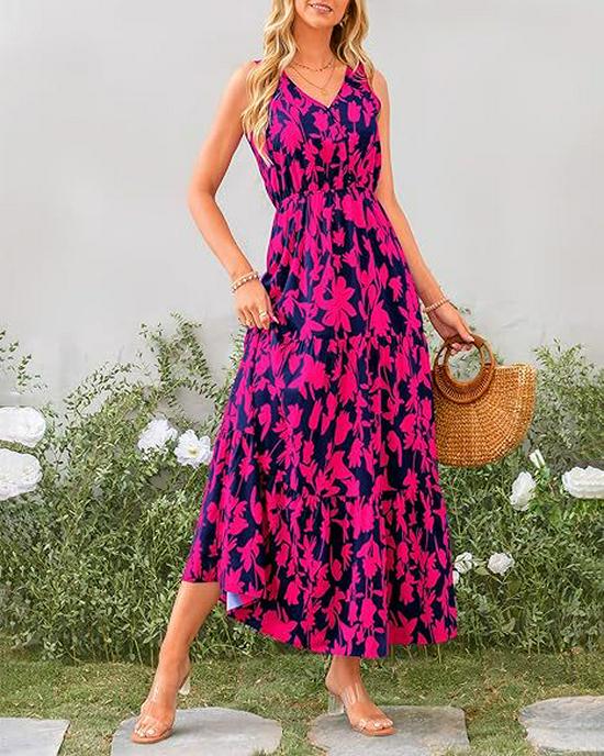 Elastic Waist Sleeveless V-Neck Print Dress - 2025 European & American Women's Fashion Bestseller