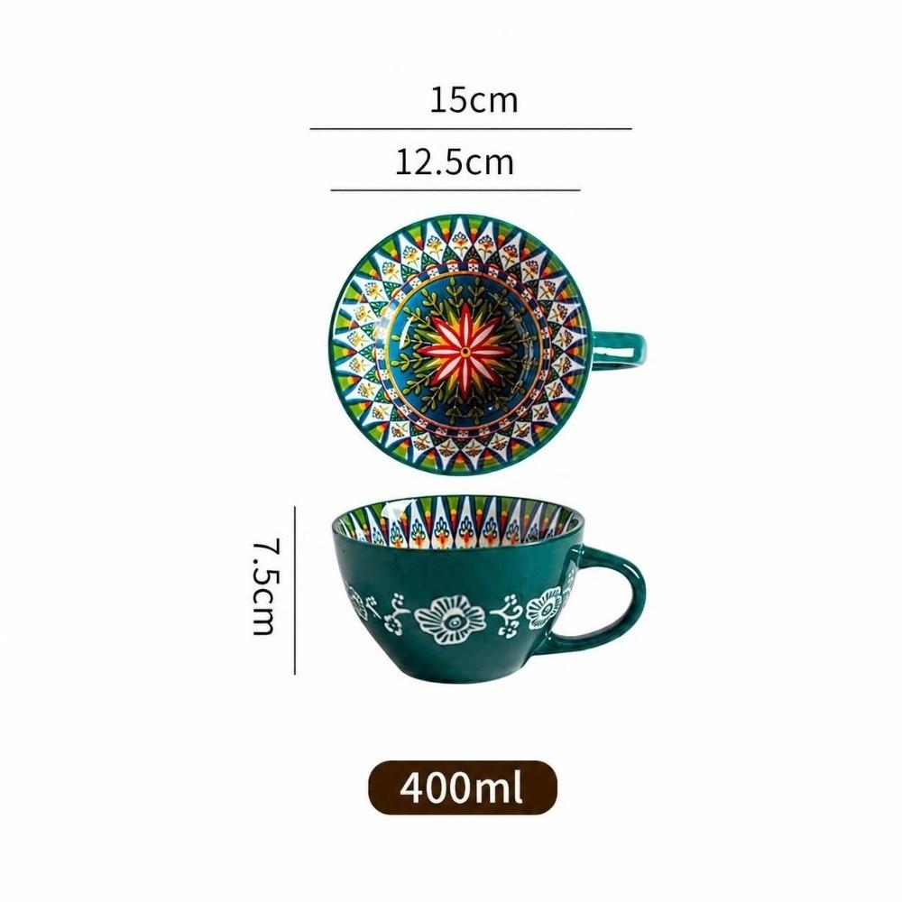15oz Capacity Boho Ceramic Cup Hand Painted Heat Resistant Ethnic Style Ceramic Mug Microwave Safe Ceramic Milk Coffee Mug