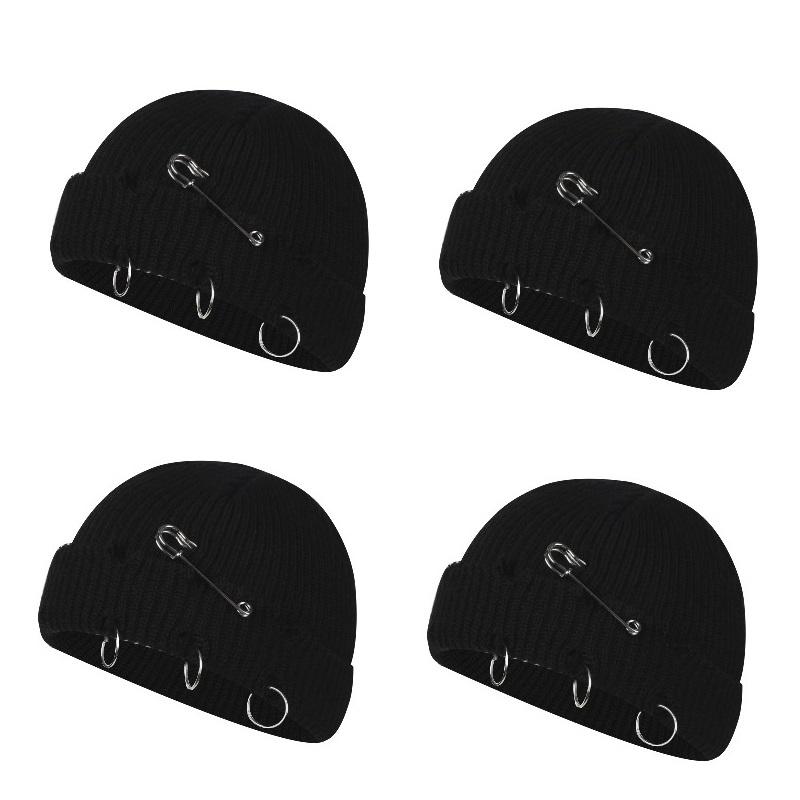 Women Girls Y2k Gothic Beanie Winter Knit Hats Trendy Metal Rings Pin Hip Hop Streetwear Harajuku Skull Cap Emo Scene Grunge