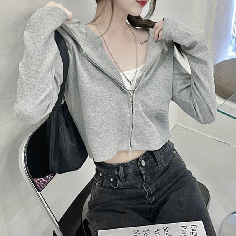 Real shot solid color short sweater women's new hooded cardigan zipper top jacket