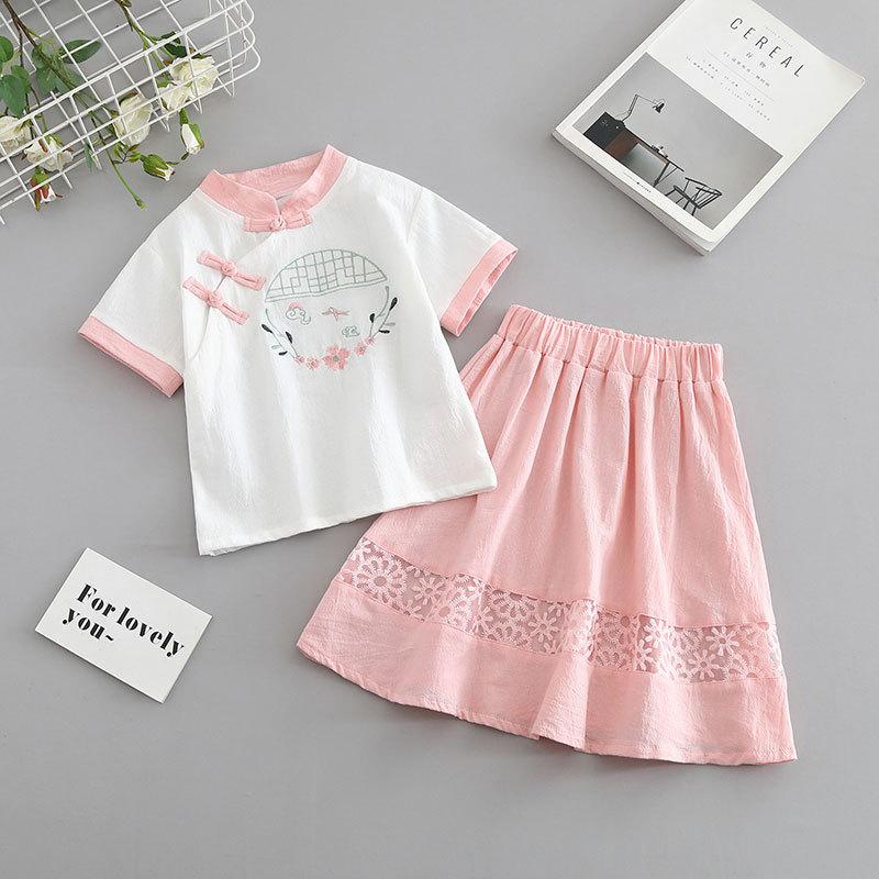 Kız Çocuk Yabancı Stil Retro Çin Stili Hanbok Takımı Küçük Kız Çiğsam Yarım Etek Yaz İki Parça Takım