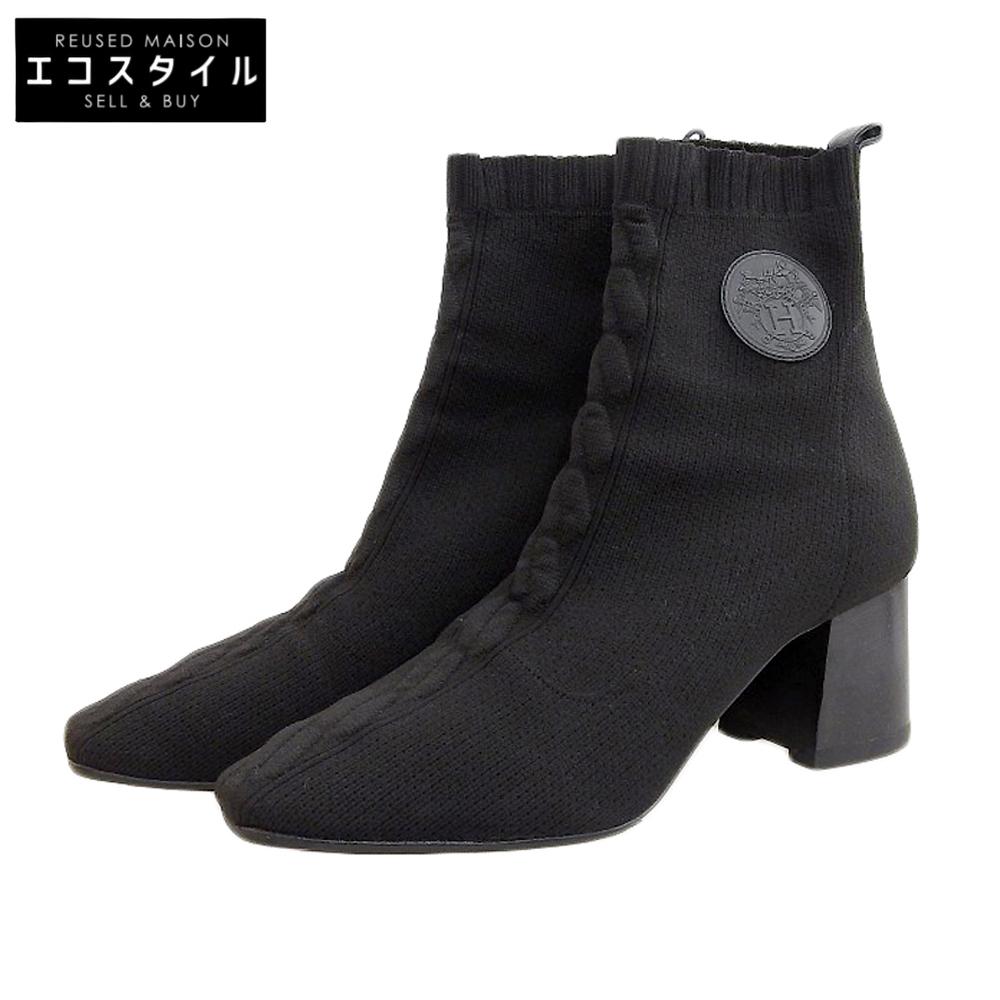 HERMES Excellent condition Volver Exlibris knit short boots, women's, black, size 38 1/2 shoes black fabricUsed
