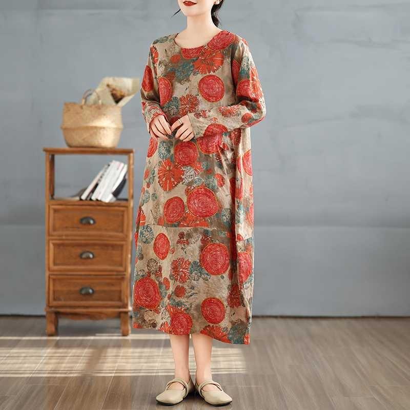 New Retro Printed Round Neck Loose Plus Size Long Dresses