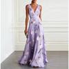 New Women's Tulip Print Sleeveless V-Neck Elegant Long Evening Dress for Women, European American Style Party Gown