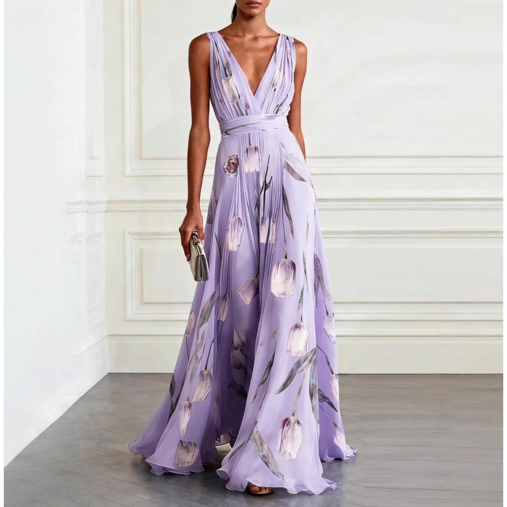 New Women's Tulip Print Sleeveless V-Neck Elegant Long Evening Dress for Women, European American Style Party Gown