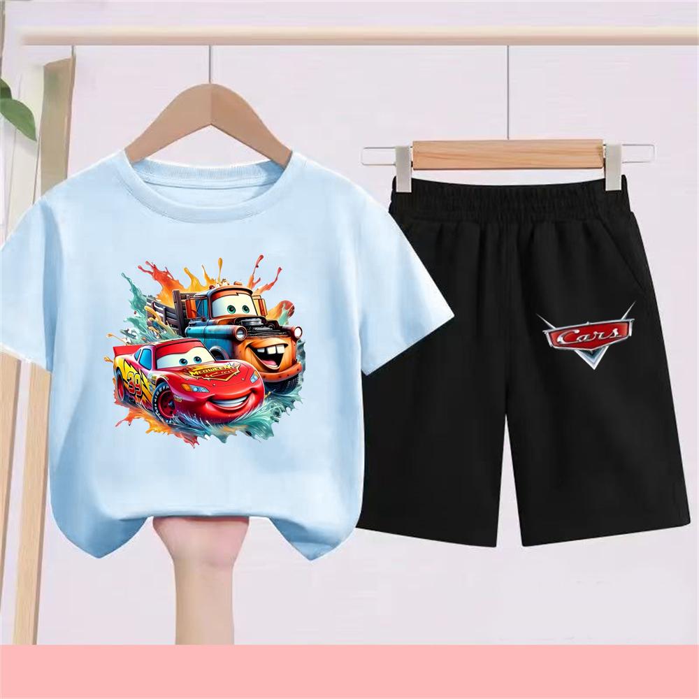 Cartoon Lightning McQueen Casual Clothes Disney Cars Boy 3D Print Short Sleeve T-shirt Kids Children's Set