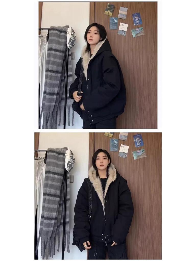 Herrvinter Retro Vittygöring Bomullsjacka med Pälskrage Huva