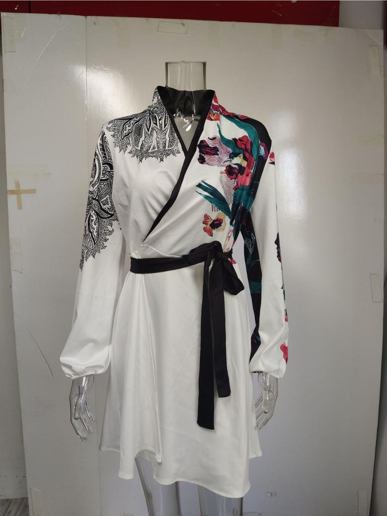 LaAe Up Print Mini Dress Women Fashion V-neck Long Sleeve Dresses for Women OffiAe Elegant A-line Robe Red