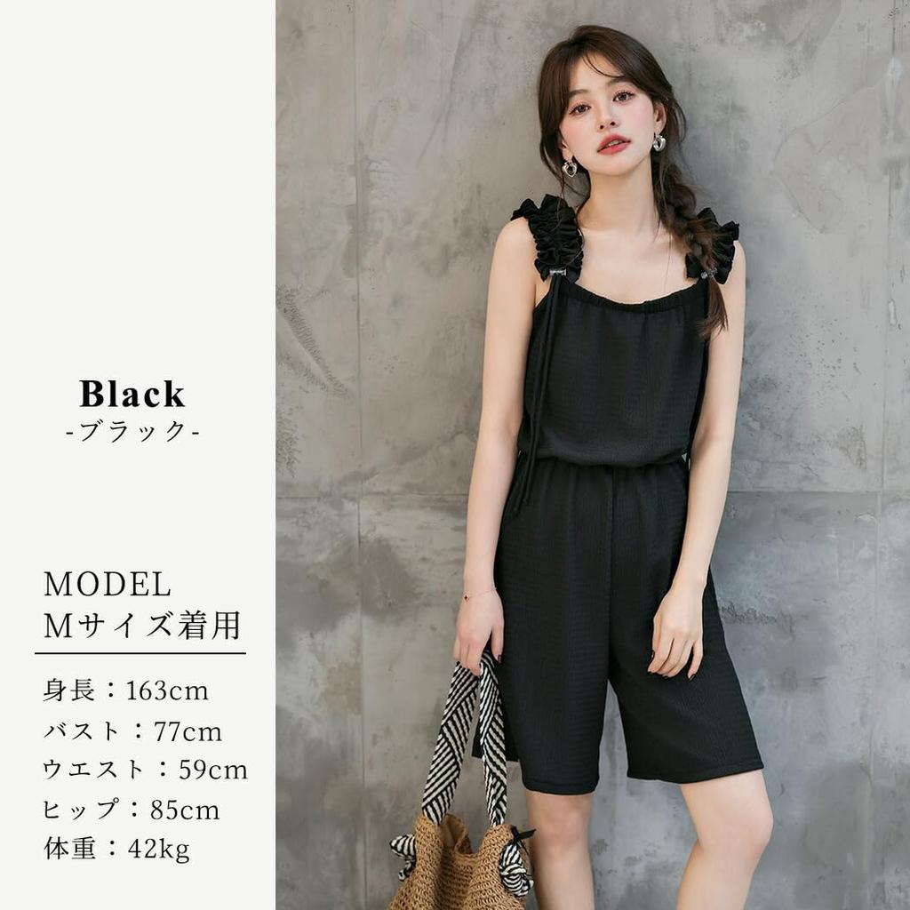 Teddy Women's Rash Guard with Gathered Shoulder Frills, Full Coverage, Amphibious, rashguard074 (JP, Alphabet, L, Standard, Black)