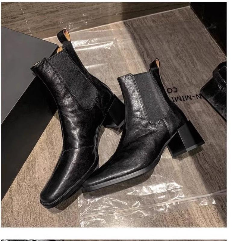 Fashion Maillard Vintage Brown Sleeve Chelsea Skinny Boots Square Toe Chunky High Heel Short Tube Girl