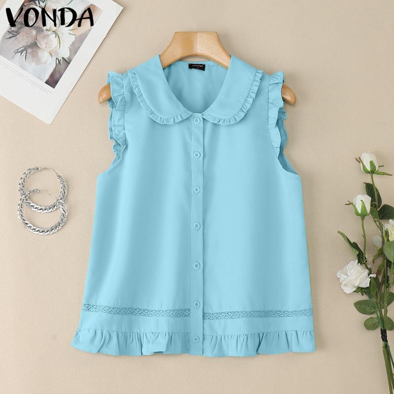 VONDA Women Doll Collar Sleeveless Ruffled Hem Button Down Crochet Casual Tank Tops