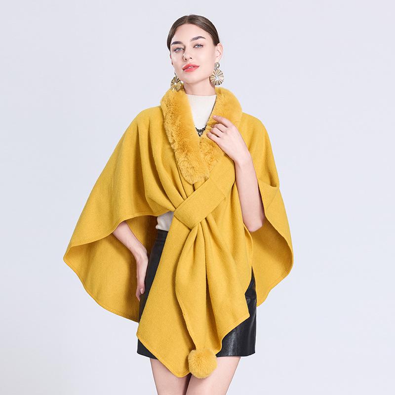 Autumn/Winter Knitted Scarf Shawl Cape with Fur Collar and Pom-Poms (Style 0962#)
