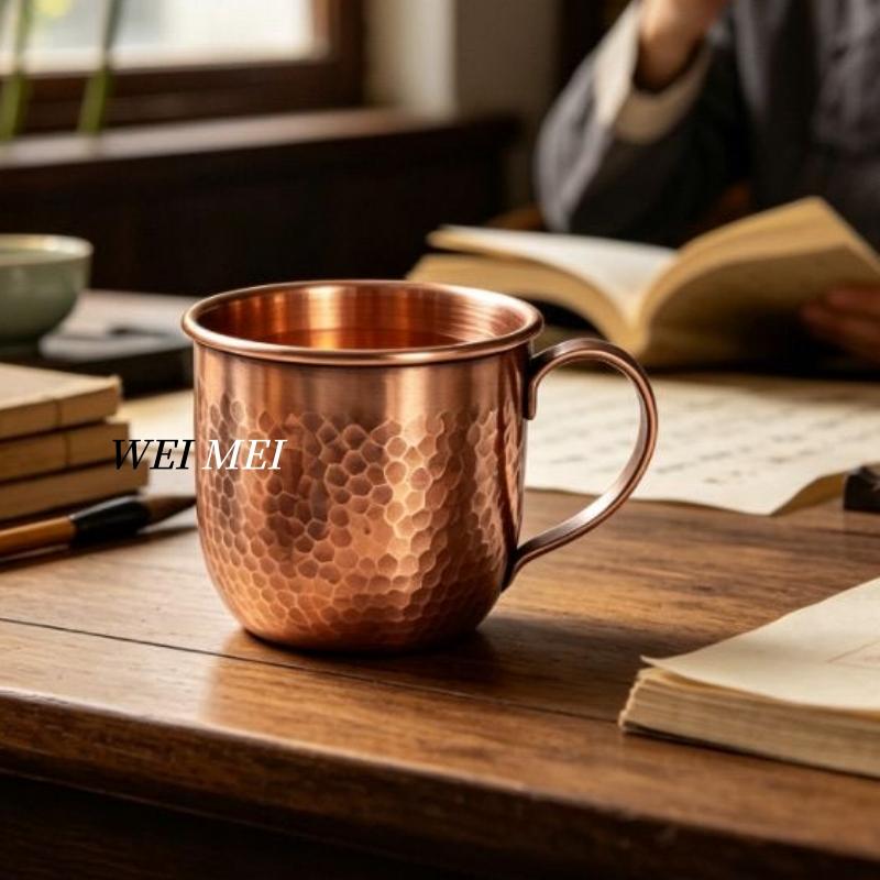 Vintage Pure Copper Espresso Coffee Mug,Home 400 ml Handle Breakfast Cup,Handcrafted Engraving Hammer Texture Copper Tea Cup