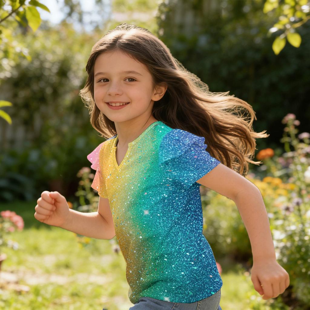 Girls V Neck Short Sleeve T Shirt Casual Top with Ruffle Sleeve and Sequin Print Lightweight Summer Blouse for Kids