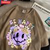 Street Cotton Womans T-Shirts Be Happy Face Cartoons Printing Short Sleeve O-Neck Breathable Loose Tops Trend Female Clothes